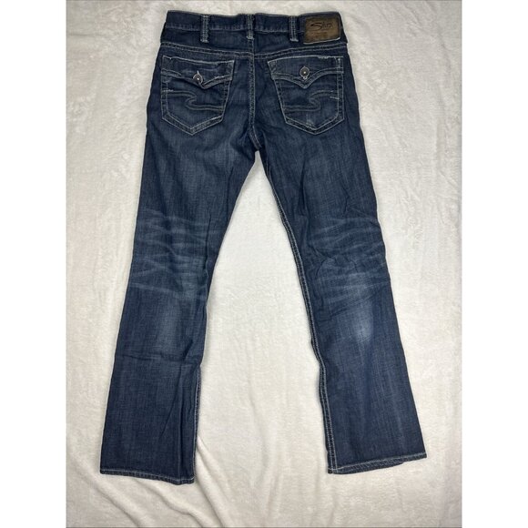 Silver Jeans Men’s Size 33 Dark Blue ZAC Selvedge Thick Stitch Faux Flap *STAIN* - Picture 12 of 16
